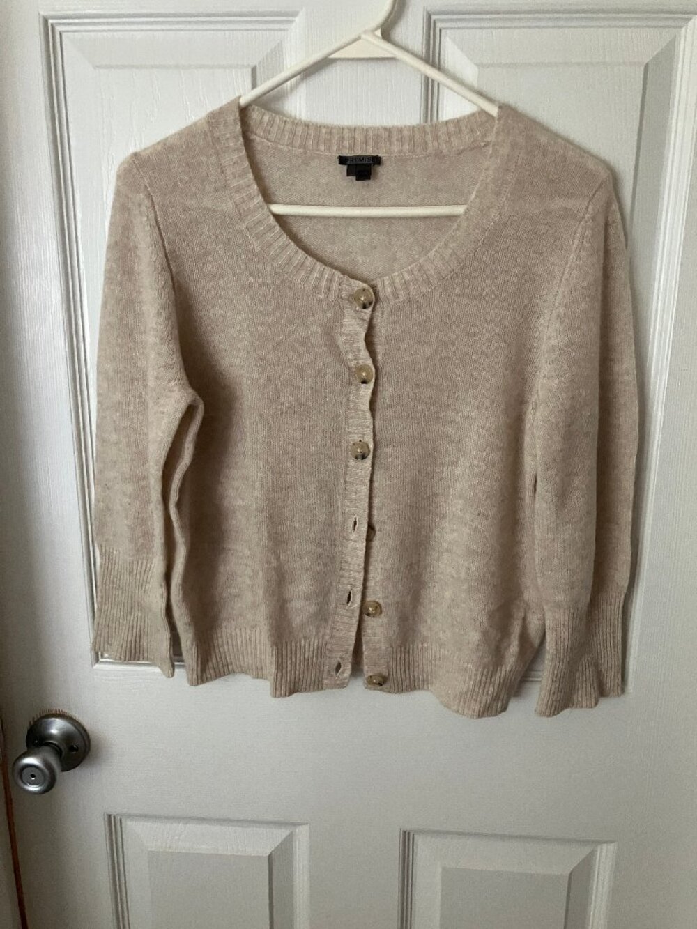 PREMISE Knit Beige Button-up Cashmere Ladies' Cardigan Sweater 3/4 sleeve Size L